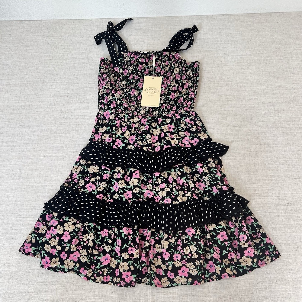 Hannah Banana Girls Size 10 Floral Tiered Ruffle Dress Smocked Tie Straps NWT